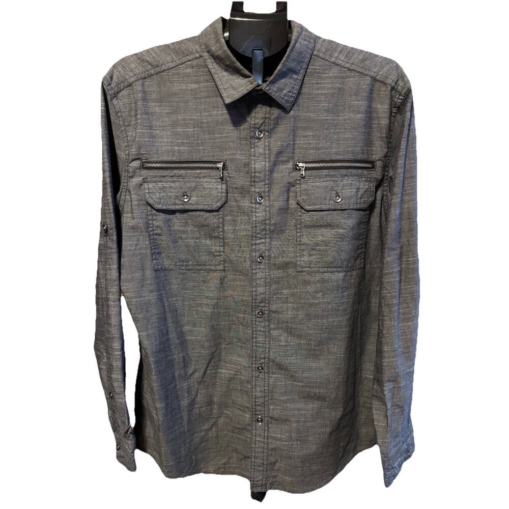 Rock Republic Shirt Mens Large Gray Button Up Roll Tab Sleeve Cotton BlendCasual